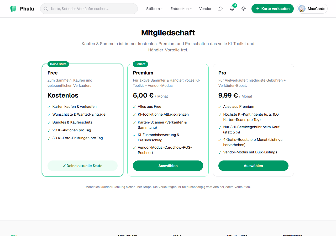 Mitgliedschaft (Free / Premium / Pro)